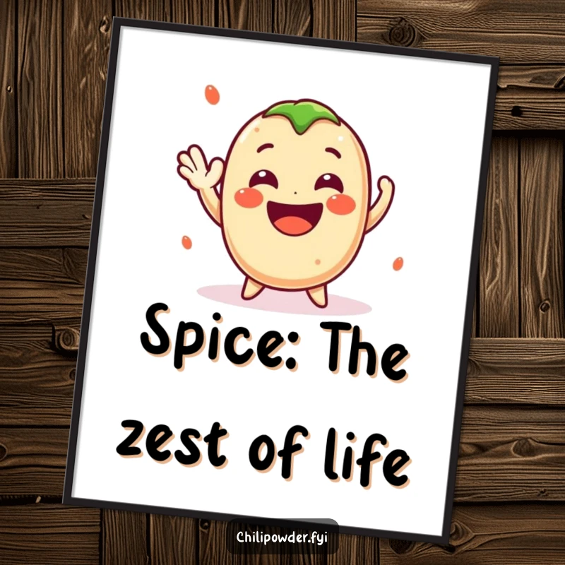 Funny free printable wall art: Cute kawaii chili powder giving a cheerful wave and a wide smile, a humorous and vibrant digital download.