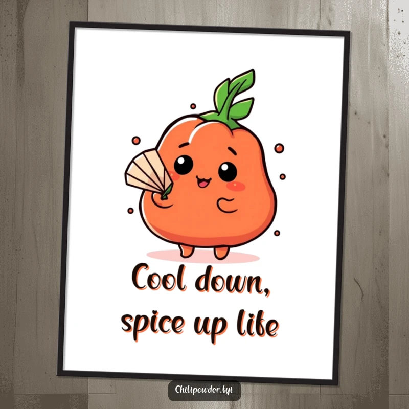 Funny Free Printable Wall Art: A kawaii chili powder character fanning itself dramatically with a tiny leaf, exuding heat and humor. Unique decorative art.