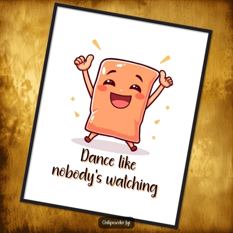Funny Free Printable Wall Art: A small chili powder pouch dancing victoriously with a grin, ideal for downloadable art.