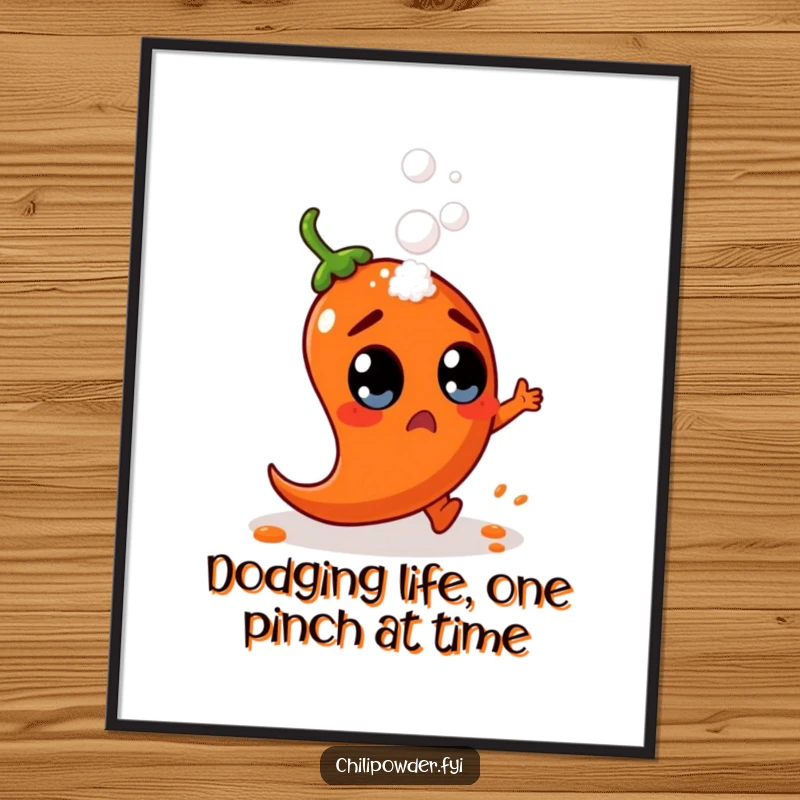 Funny Free Printable Wall Art: A chili powder character with surprised eyes dodging a falling salt shaker, ideal for downloadable art.