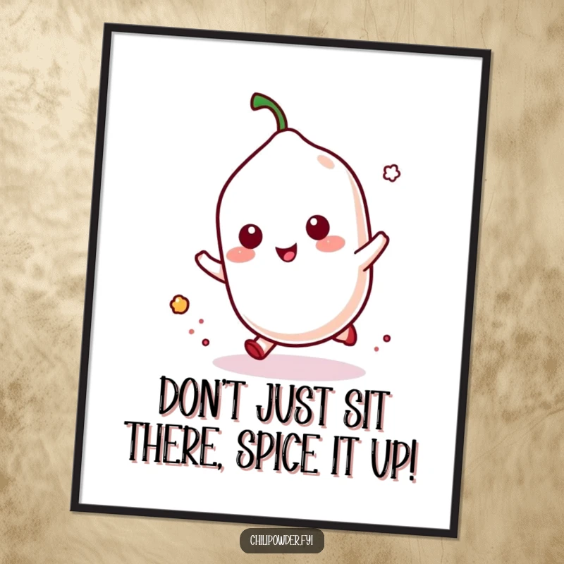 Funny Free Printable Wall Art featuring a kawaii chili powder shaker in mid-hop with a dust puff. Playful and dynamic home decor.