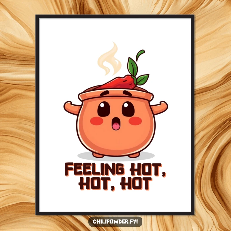 Funny free printable wall art, a chili powder pot with a shocked look and rising steam. Humorous decor.