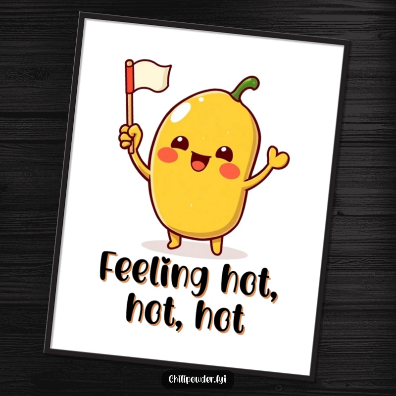 Funny Free Printable Wall Art: Kawaii chili powder character energetically waving a miniature flag with a cheerful expression.