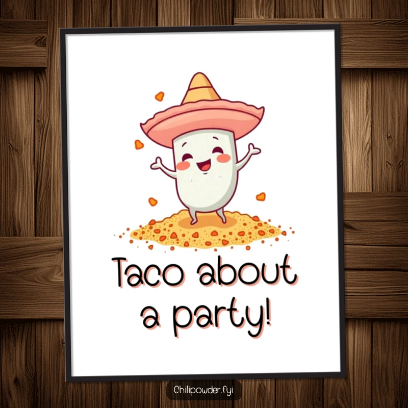 Funny Free Printable Wall Art of a chili powder character in a sombrero, dancing with great energy.