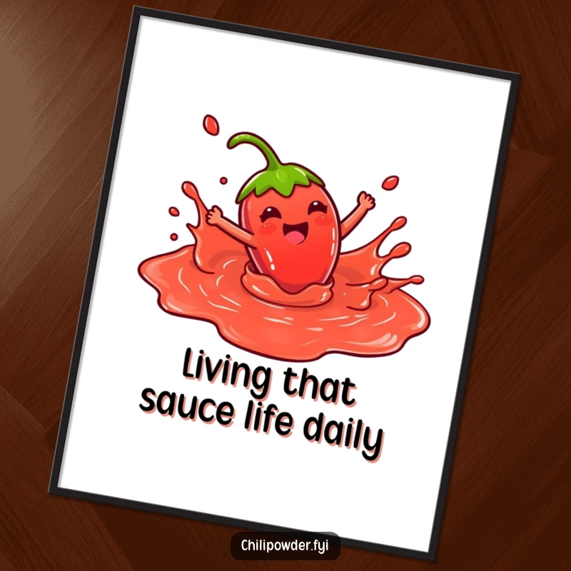 Funny Free Printable Wall Art: A kawaii chili powder character joyfully splashes in a pool of red sauce.