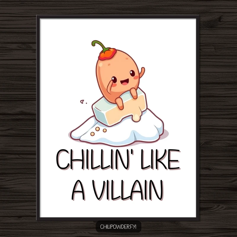 Funny Free Printable Wall Art: Kawaii chili powder character humorously rides a melting ice cube down a slope, bringing quirky vibes.