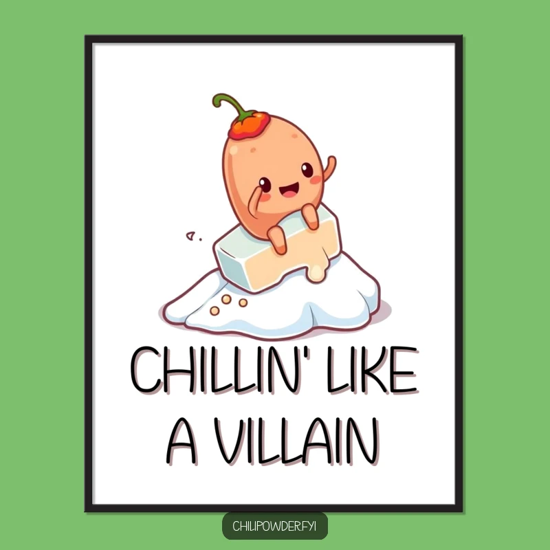 Free Printable Wall Art: Funny Kawaii Chili Riding Melting Ice - Quirky Downloadable Decor