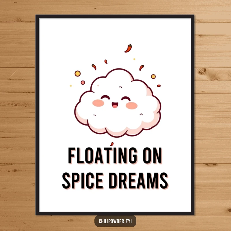 Funny Free Printable Wall Art: A chili powder cloud with a happy, giggling expression, floating serenely upwards, creating a cheerful scene.