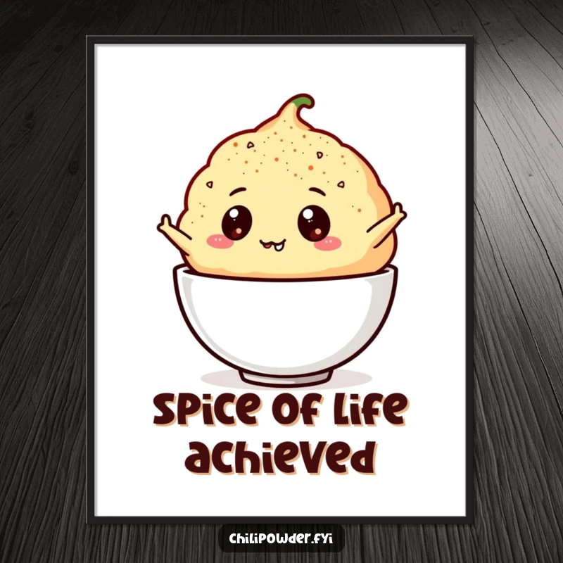 Funny Free Printable Wall Art: A chili powder puff with googly eyes mid-leap into a bowl, creating a dynamic and humorous scene.
