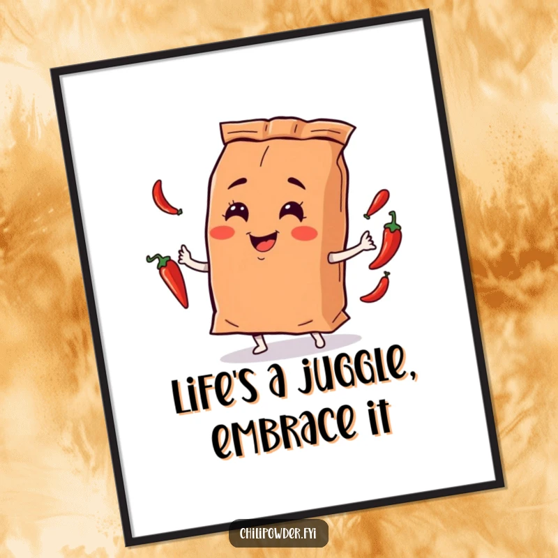 Funny Free Printable Wall Art: Chili bag character juggling miniature chili peppers with a cheeky smirk.
