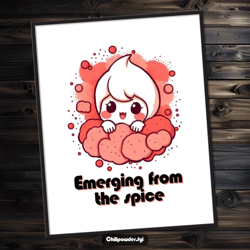 Funny Free Printable Wall Art: A chili powder character peeking out from a swirling cloud of red powder, adding whimsical fun.