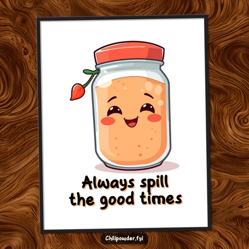 Funny Free Printable Wall Art showing a chili powder jar with a happy grin, playfully tipping over, adding humor.