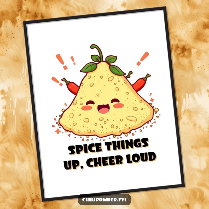 Funny free printable wall art, a pile of chili powder cheering with tiny exclamation marks. Energetic and fun decor.