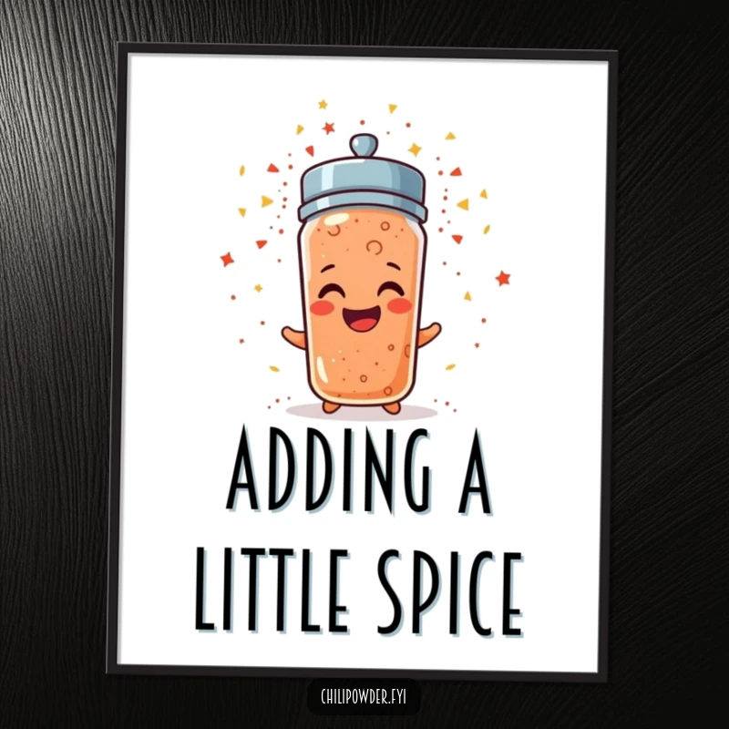 Funny Free Printable Wall Art: A tiny, cheerful chili powder shaker erupting in a colorful puff of sparkly confetti, creating a party scene.
