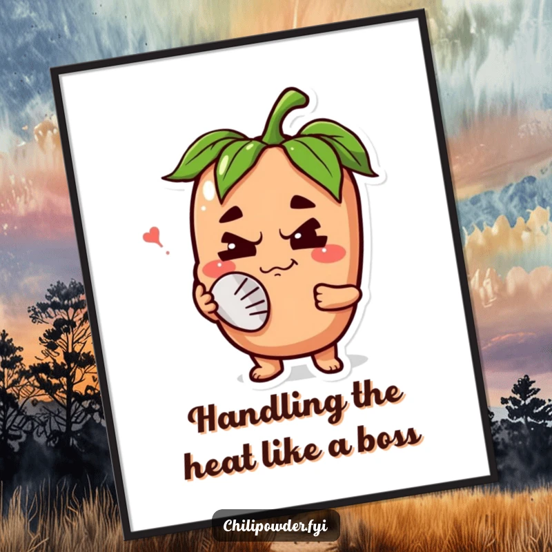 Funny Free Printable Wall Art: A chili powder character with a happy grimace fans its face from intense heat.