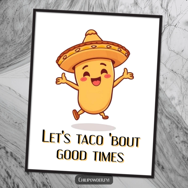 Funny Free Printable Wall Art: A chili powder character in a small sombrero dances wildly with infectious energy.