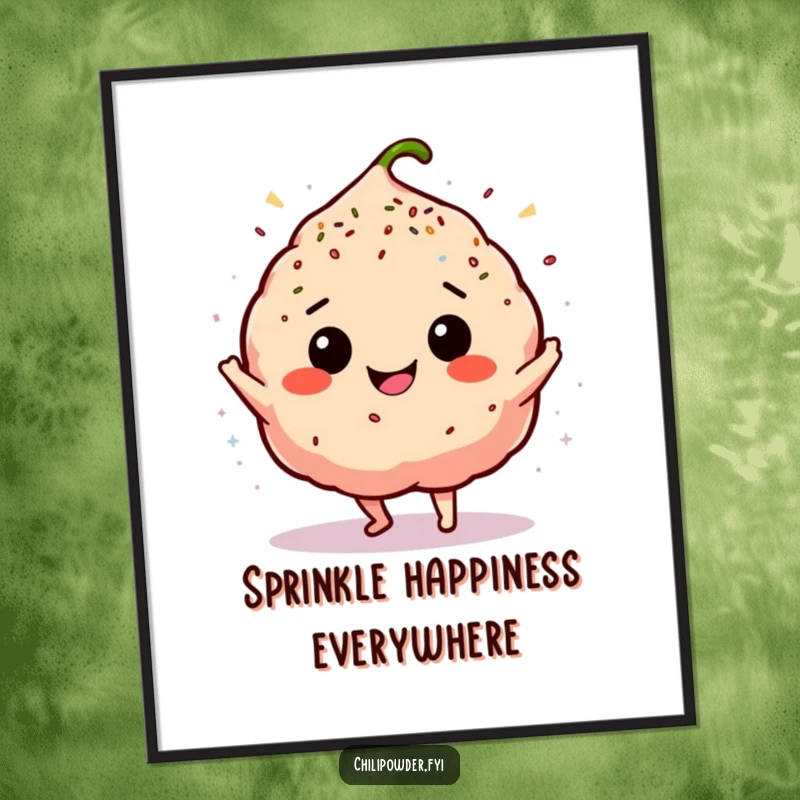 Funny Free Printable Wall Art: Chili puff doing an ecstatic happy dance, covered in colorful sprinkles.