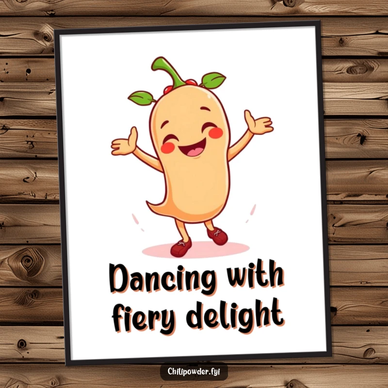 Funny free printable wall art of a smiling chili powder character with legs kicked high, mid-salsa dance.