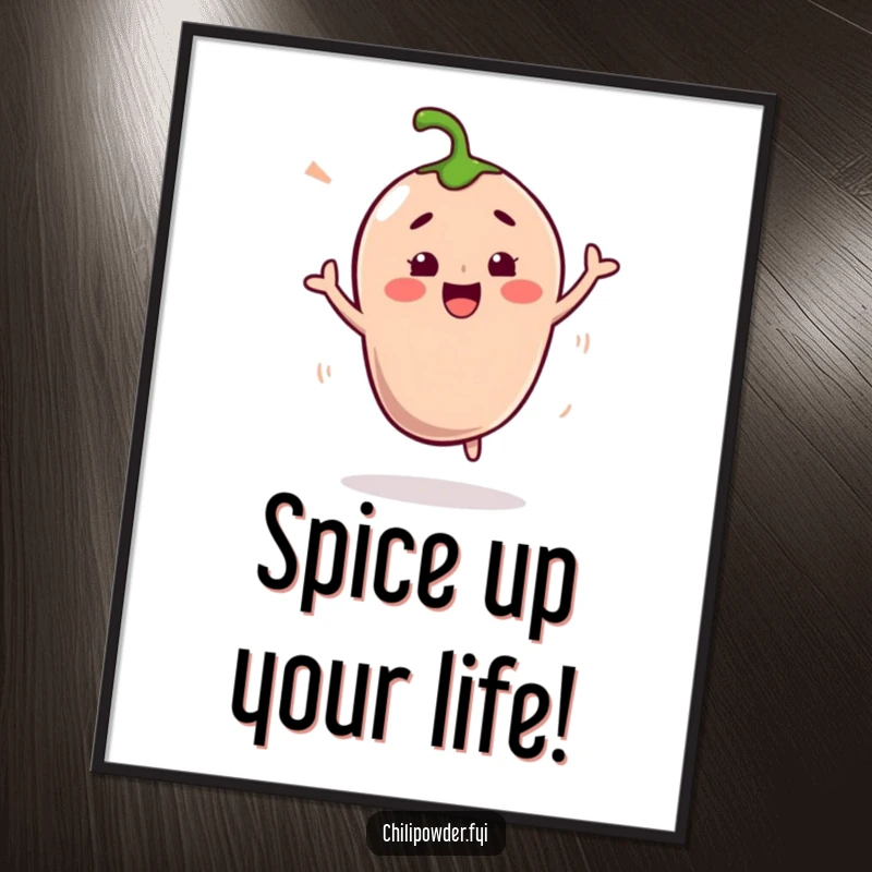 Funny Free Printable Wall Art: A kawaii chili powder character in a dynamic, silly shimmy pose, radiating fun.