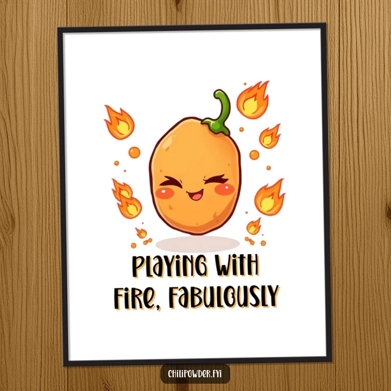 Funny free printable wall art of a single chili powder grain winking and juggling tiny flame icons.