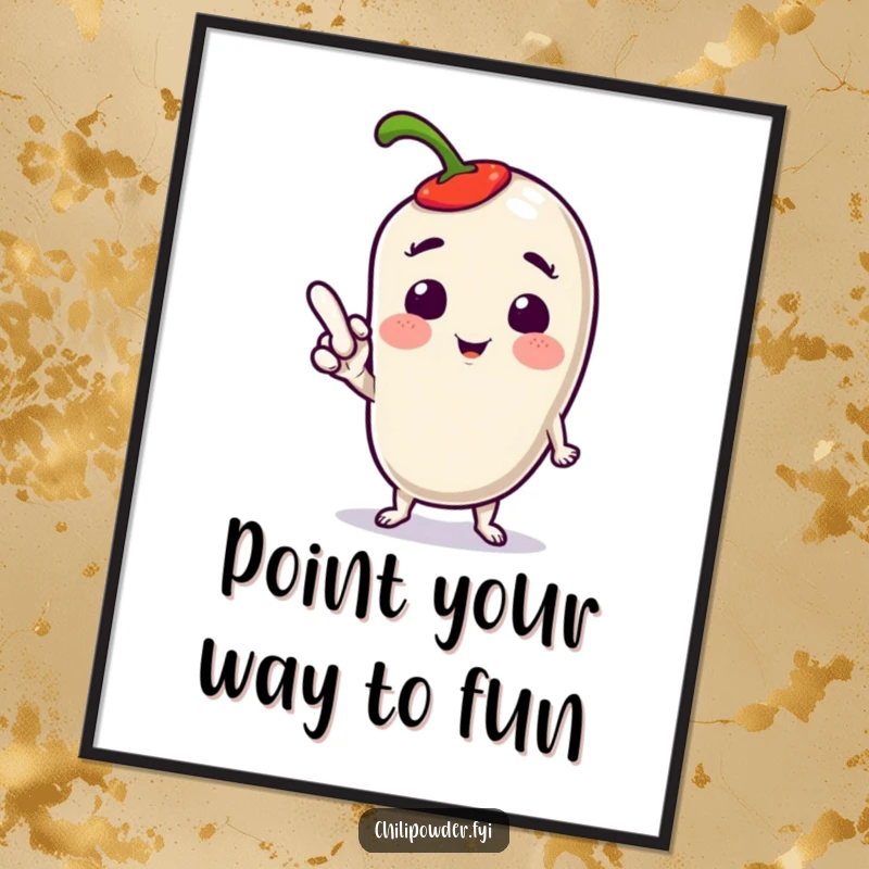 Funny Free Printable Wall Art: A kawaii chili powder character striking a dynamic and playful pose, pointing a toe with flair.