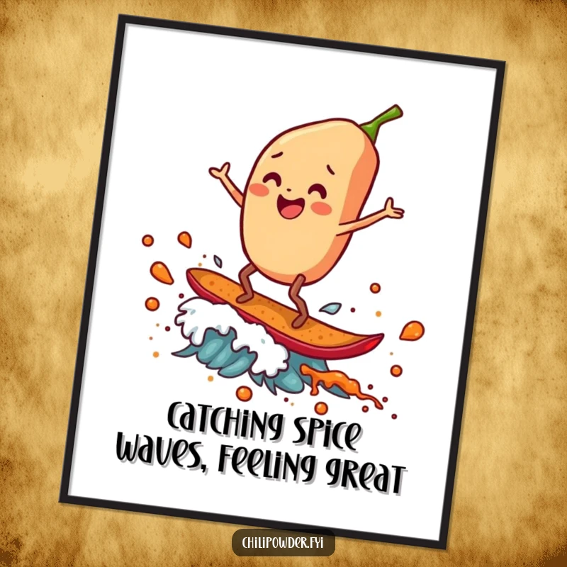 Funny Free Printable Wall Art: A chili flake with legs, joyfully surfing a cresting wave of spice.