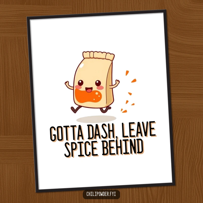 Funny Free Printable Wall Art: A Kawaii chili powder pouch with tiny legs happily running, leaving a colorful spice trail for quirky decor.