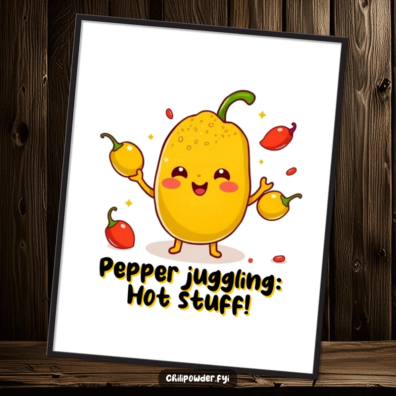 Funny free printable wall art: Cute kawaii chili powder with tiny arms juggling small, smiling peppers, a lively and humorous digital download.
