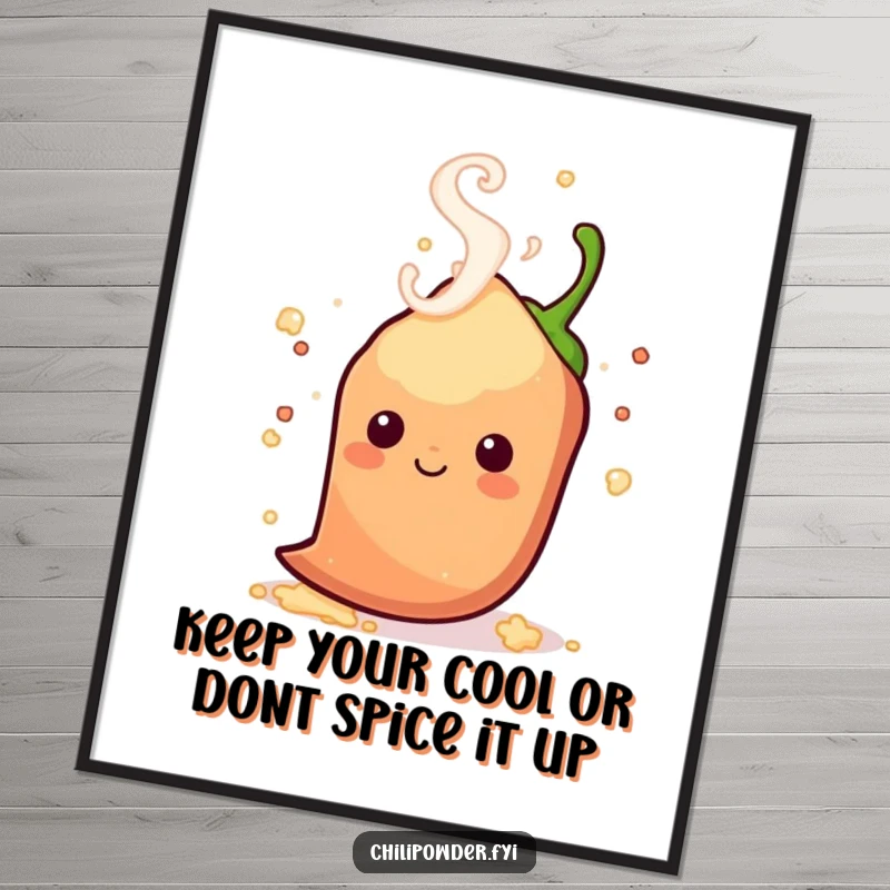 Funny Free Printable Wall Art of a kawaii chili powder shaker with steam swirling playfully around its head. Energetic and quirky decor.