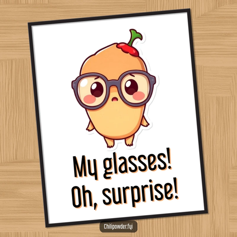 Funny Free Printable Wall Art: An adorable kawaii chili powder character in oversized glasses, with eyes wide in comical, endearing surprise.