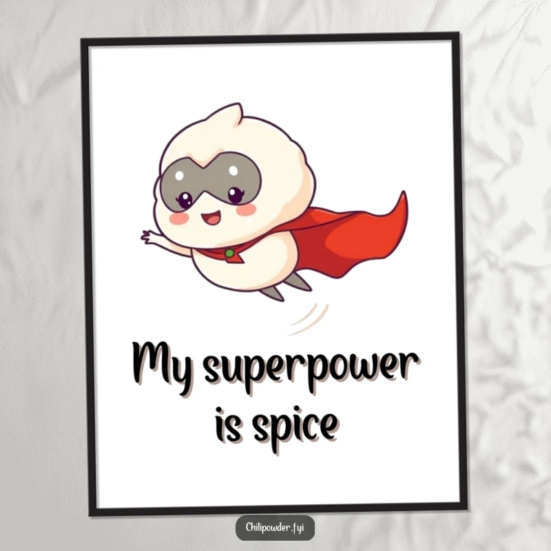 Funny Free Printable Wall Art: Chili puff in a red cape, soaring majestically through the clouds.