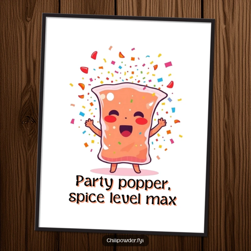 Funny Free Printable Wall Art: A chili powder bag character bursting with colorful confetti, radiating pure fun.