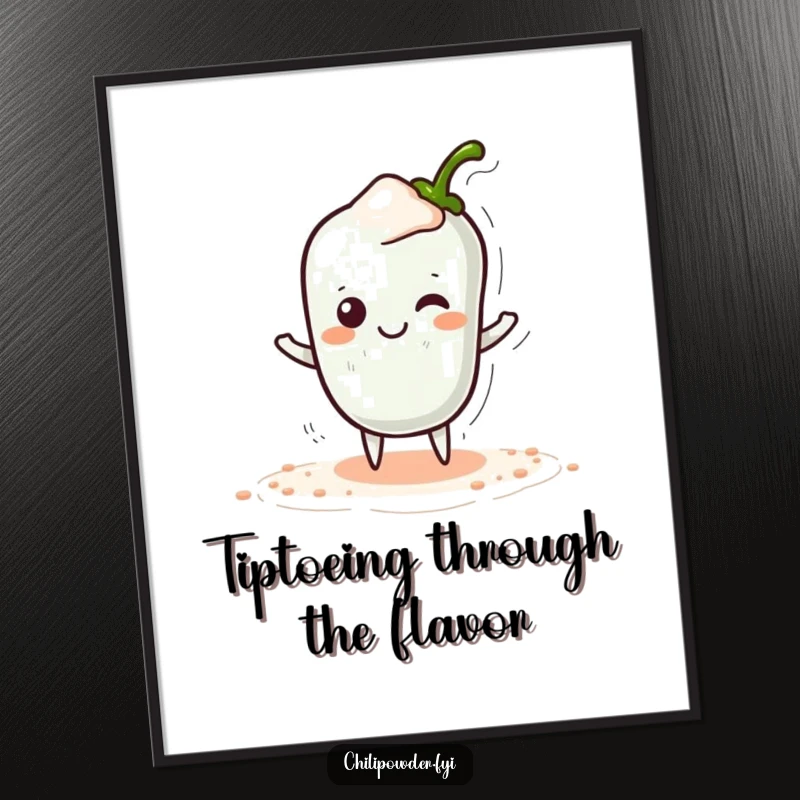Funny free printable wall art: Cute kawaii chili powder doing a silly tiptoe with a hidden smile, a whimsical and humorous digital download.