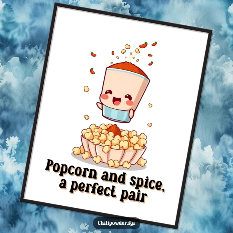 Funny free printable wall art, a chili powder sifter excitedly shaking spices onto popcorn. Whimsical decor.