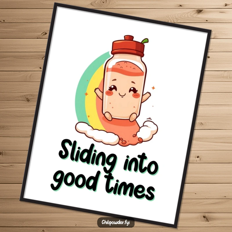 Funny free printable wall art of a chili powder shaker with a smirk sliding joyfully down a rainbow.