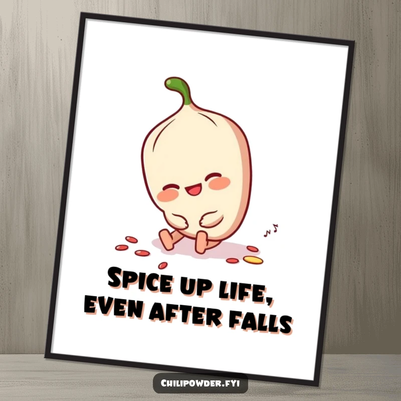 Funny Free Printable Wall Art: Chili powder character tripping slightly but smiling, dusting itself off, looking cheerful.