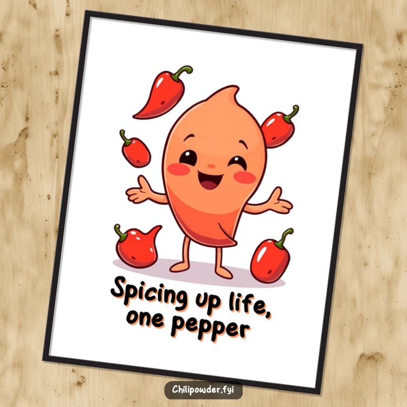 Funny Free Printable Wall Art: A vibrant chili powder character humorously juggling red peppers, adding zest to any room.