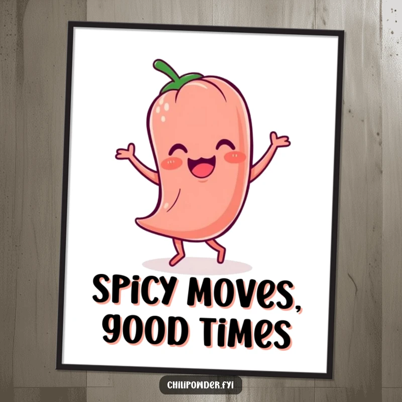 Funny Free Printable Wall Art: Wobbly Kawaii chili powder character doing a funny, exaggerated jig with a gleeful expression, perfect for decor.