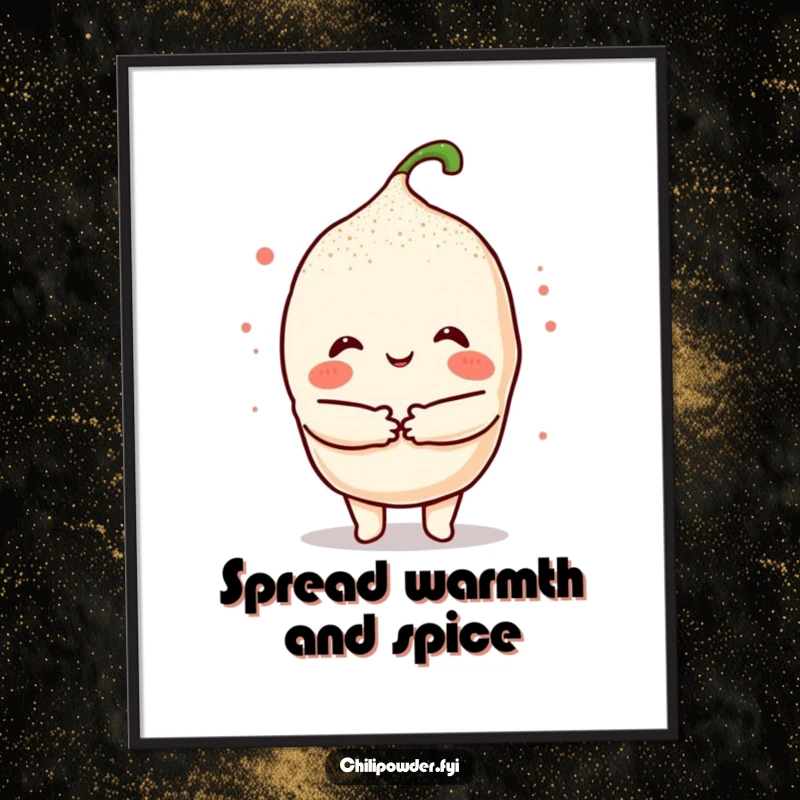 Funny Free Printable Wall Art: A kawaii chili powder character giving a big, comforting hug, radiating warmth and friendliness.