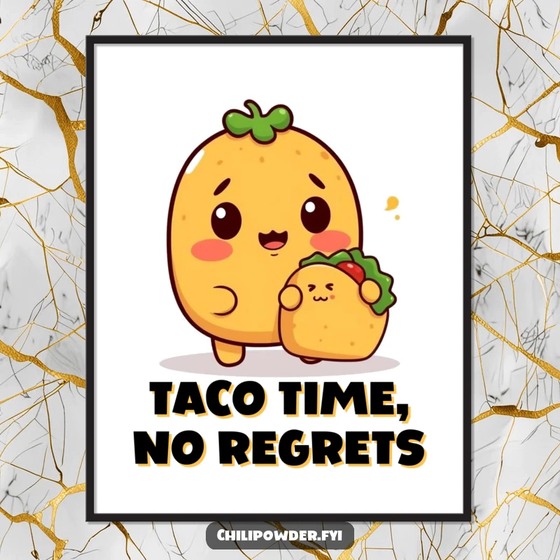 Funny Free Printable Wall Art: Kawaii chili powder character looking surprised as a tiny taco sneaks up on it.