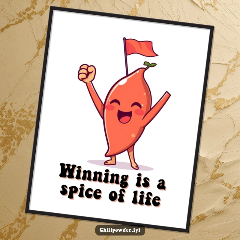 Funny Free Printable Wall Art of a chili powder character in a victorious pose with a tiny flag.