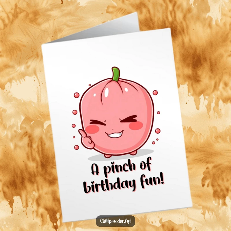 Funny Free Printable Birthday Card: A sentient chili powder pinch winking playfully with a slightly mischievous grin, perfect for a birthday.