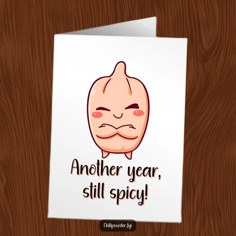 Funny Free Printable Birthday Card: A kawaii chili powder character winks mischievously with crossed arms.