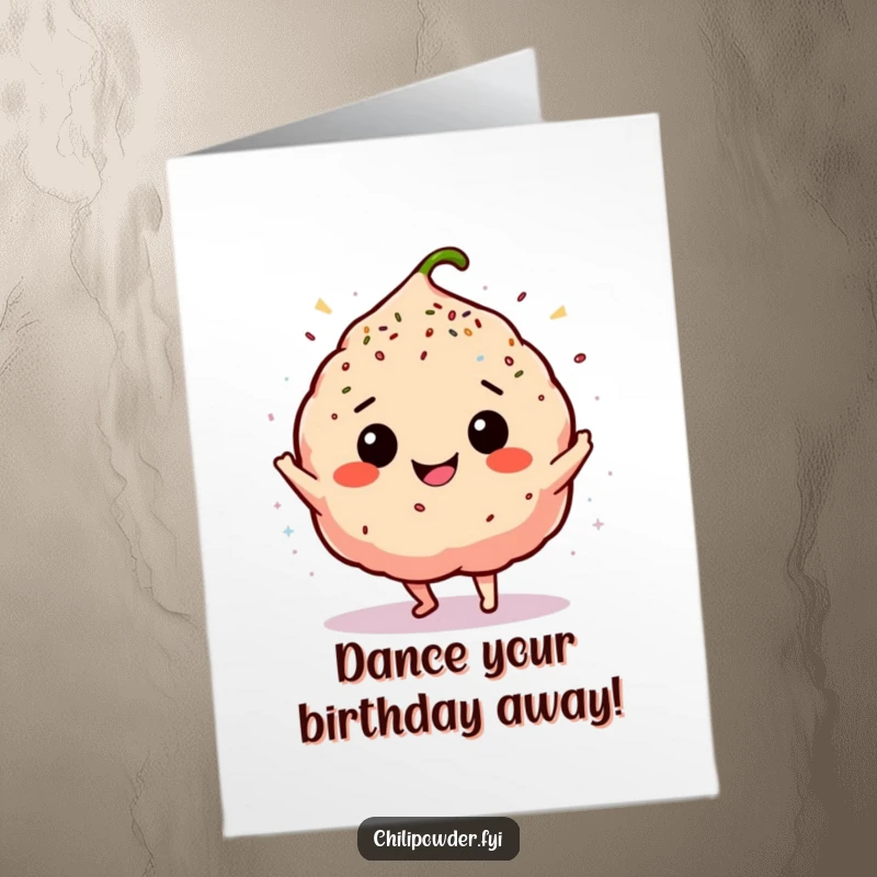 Funny Free Printable Birthday Card: Chili puff doing a joyful happy dance, covered in colorful sprinkles.