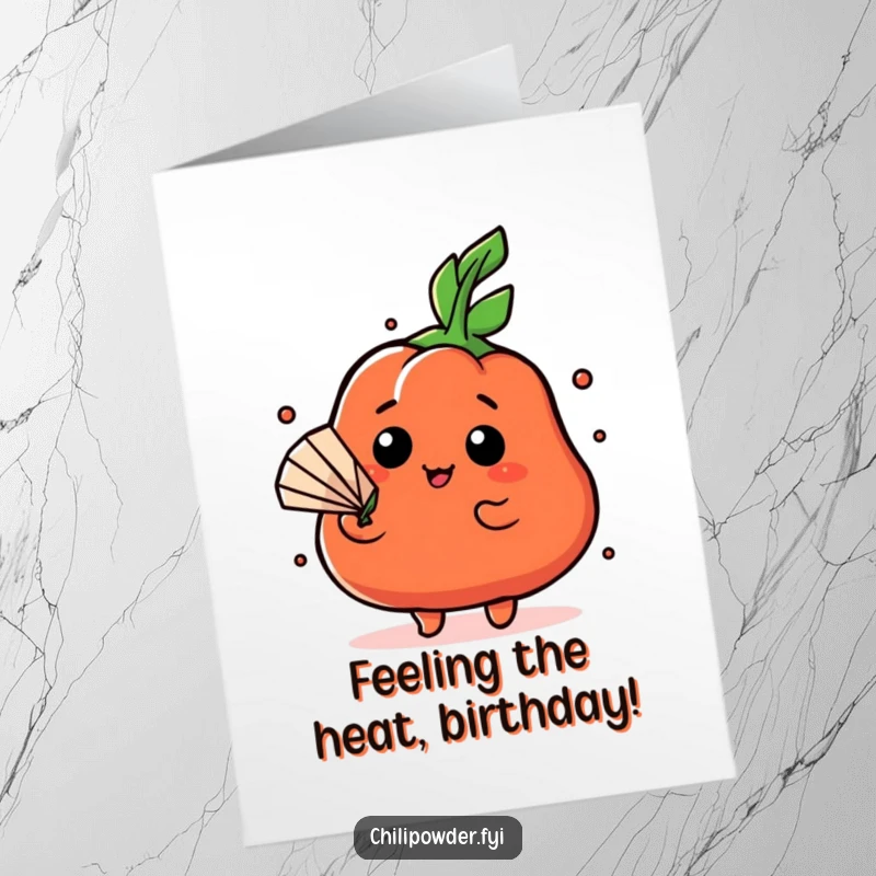 Funny Free Printable Birthday Card: A kawaii chili powder character dramatically fanning itself with a tiny leaf, looking overheated and amused.