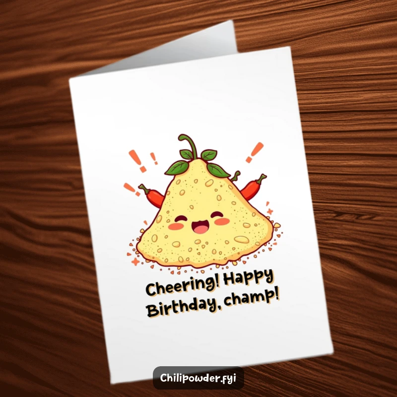 Funny free printable birthday card: a pile of chili powder cheering enthusiastically with tiny exclamation marks.