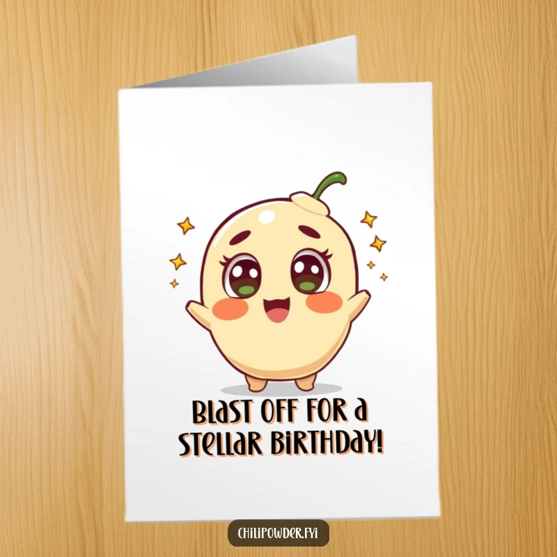 Funny free printable birthday card of a happy chili powder character with wide, amazed eyes shooting tiny comets.