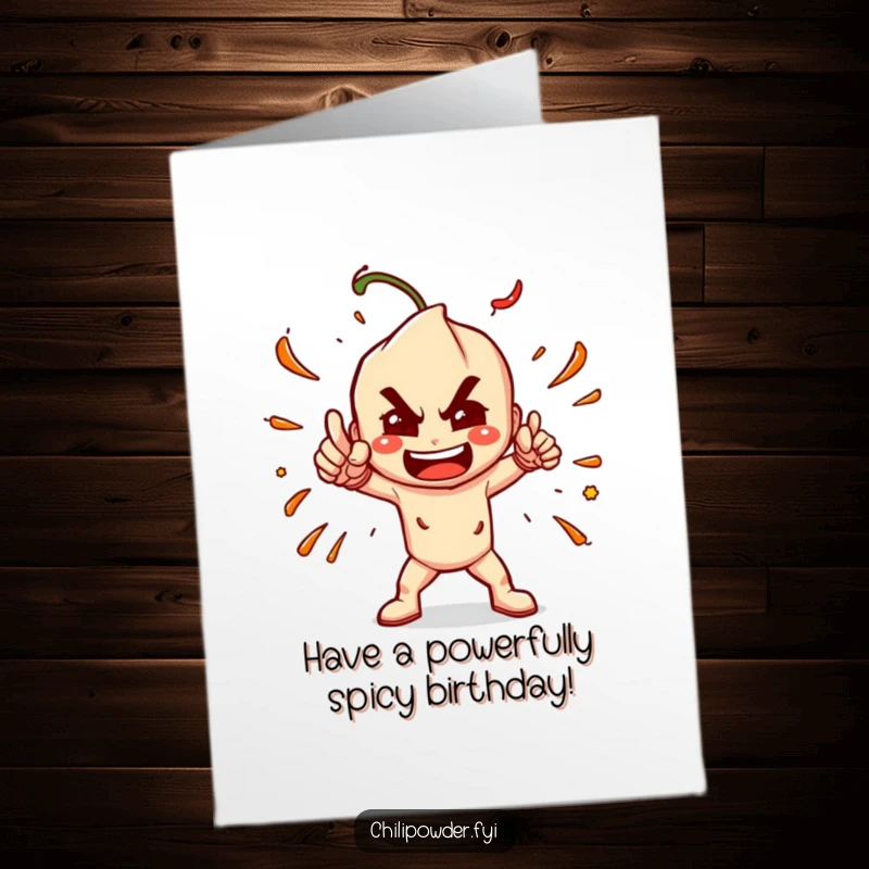 Funny Free Printable Birthday Card: A chili powder character striking a bold, dramatic pose, radiating spicy energy and festive flair.