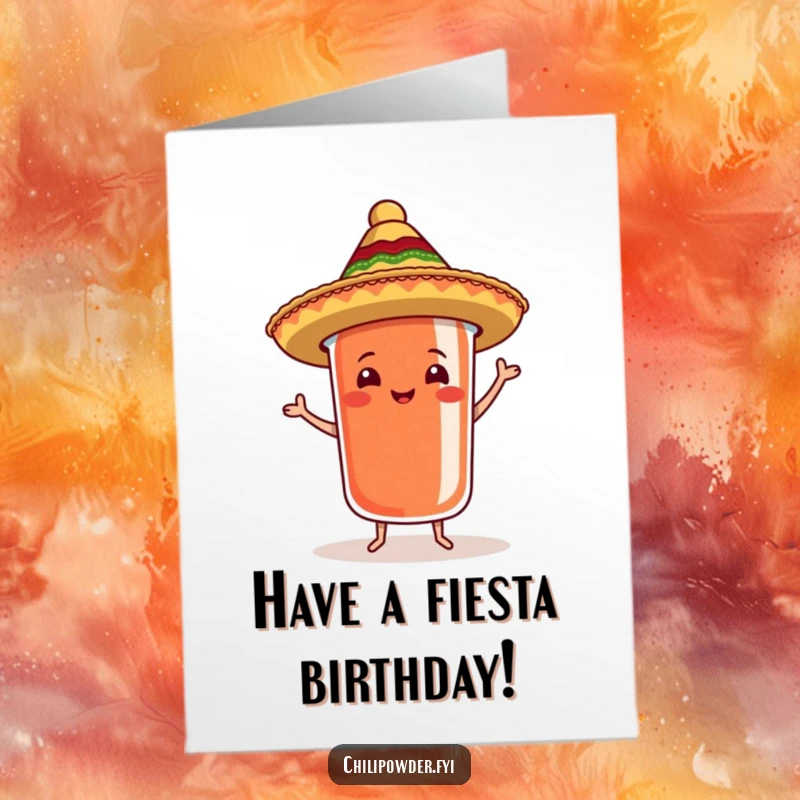 Funny Free Printable Birthday Card: A chili powder container in a tiny sombrero enthusiastically samba dancing, ready to party.