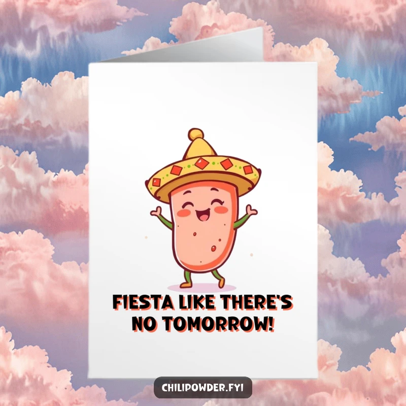 Funny Free Printable Birthday Card with a kawaii chili powder shaker wearing a sombrero and dancing joyfully. Festive and fun birthday wishes.